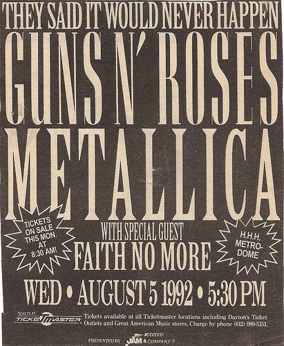 Turné Guns n Roses a Metallicy r. 1992 - plakát Turné Guns n Roses a Metallicy r. 1992 - plakát